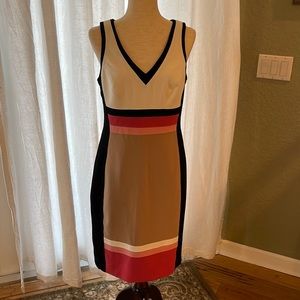 WHBM Color Block Dress in White, Tan, Pink, Black, Sleeveless V Neckline.
